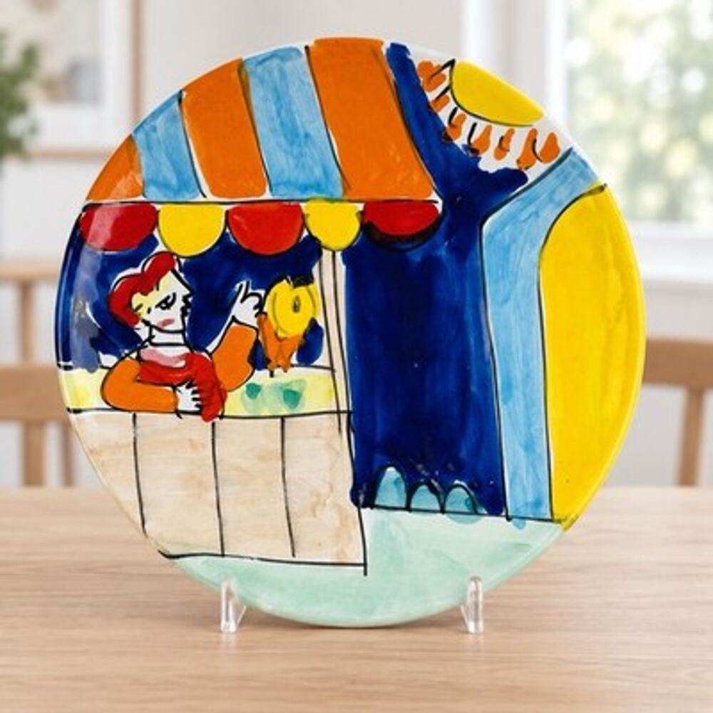 The Cellar Hand Painted Ceramic Plate Colorful Market Vendor Scene 8 Inch